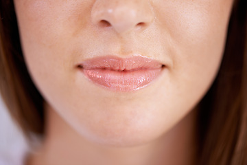 Image showing Woman, lipstick and mouth closeup for beauty cosmetics for makeup skincare with gloss, treatment or filler. Female person, product and aesthetic wellness in Canada for spa hygiene, wellbeing or care