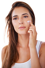 Image showing Face of woman, cream or skincare for beauty, glow or cosmetics for dermatology on white background. Creme results, model or confident female person with natural lotion shine or wellness in studio