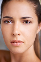 Image showing Portrait of woman, closeup or skincare for glow, facial beauty or cosmetics for healthy dermatology. Face, results or confident female person with natural clean shine or wellness in bathroom or home