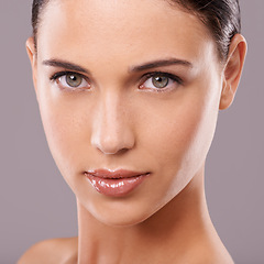 Image showing Skincare, wellness and portrait of woman in studio for dermatology, beauty and facial treatment. Luxury salon, spa and face closeup of person with makeup, cosmetics and health skin on background