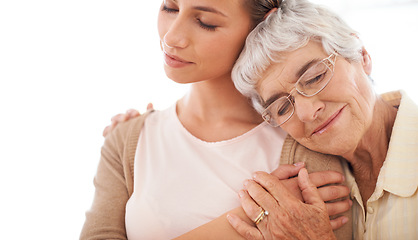 Image showing Hug, love and elderly mother with daughter embrace for bonding, person and smile. Family, retirement and senior parent with woman for support care, affection and relax together on white background