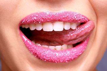 Image showing Lipstick, sugar and woman with tongue out, beauty and makeup with creativity and scrub for exfoliation treatment. Sweet, flirt and lick for fun and pink aesthetic, art and cosmetology with cosmetics