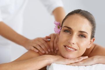 Image showing Relax, massage and portrait of woman at spa for health, wellness and balance with luxury holistic treatment. Self care, peace and girl on table for muscle therapy, comfort and zen body pamper service