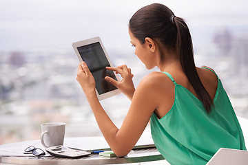 Image showing Woman, outdoor and tablet screen for planning, research and scroll on the internet by balcony. Back of analyst or freelancer with information on digital technology for social media and work from home