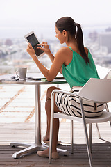 Image showing Business woman, outdoor and tablet screen for planning, research and scroll on the internet by office balcony. Back of analyst or accountant with information, reading and email on digital technology