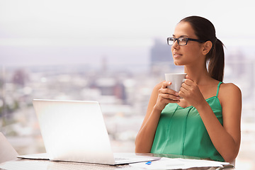 Image showing Woman, thinking and outdoor with coffee and laptop for remote work in trading business and planning strategy. Entrepreneur, ideas or investor drink espresso on balcony in city with stocks on computer