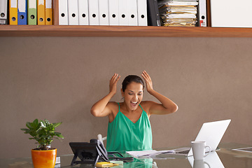 Image showing Wow, business and happy woman in office with documents, success or investment, growth and laptop email news. Financial, achievement and excited female accountant with budget, savings or paperwork win