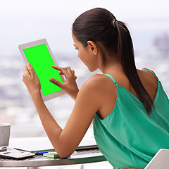 Image showing Woman, outdoor and tablet green screen for planning, research and scroll on internet by balcony. Business person, editor or freelancer back with digital technology for social media and work from home