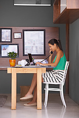 Image showing Phone call, laptop and landline with remote work woman in office for communication or reception. Computer, smile and happy young secretary answering telephone in small business or startup workplace