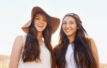Image showing Portrait, summer and field with women, friends and smile with vacation and countryside with journey. Face, girls or people with weekend break and nature with holiday, adventure or windy with sunshine