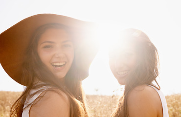 Image showing Portrait, lens flare or field with women, friends or smile with journey or countryside with adventure. Face, girls or people with weekend break or nature with vacation, sunshine or happy with summer