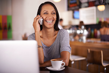 Image showing Happy woman, laughing and phone call with coffee at cafe for funny joke, conversation or communication. Female person with smile on mobile smartphone for talk, chat or humor at indoor restaurant