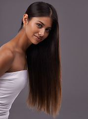 Image showing Woman, hair and portrait for salon, long and style for heat and blow with keratin treatment and wash. Model with glossy and healthy roots and tips with smooth and silk for volume or cut on mockup
