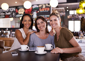 Image showing Portrait, friends or women in cafe for coffee to drink for a fun reunion, support or holiday with smile or love. Relax, happy or people with a cup of tea for bonding at a restaurant, diner or shop