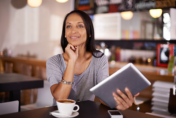 Image showing Happy woman, thinking and tablet with coffee at cafe for ambition, dream or career startup. Young female person with smile in wonder or thought on technology for creative mission at indoor restaurant