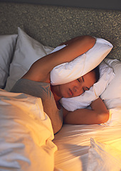 Image showing Pillow, annoyed and woman upset from insomnia, frustrated and stress with fatigue in night. Bedroom, female person and girl unhappy with anxiety, mental health and sleepless with depression and cover