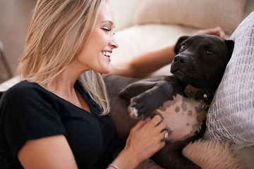 Image showing Happy, scratch or woman and dog on a sofa with love, care and bonding at home together. Pets, attention and female person relax with pitbull puppy in living room with security, trust or foster safety