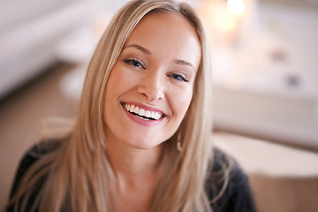 Image showing Happy, portrait and woman in a house relax with confidence, positive attitude or feel good mood in her home. Face, smile and female person in a living room with vacation, free time or resting holiday