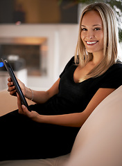 Image showing Happy, portrait and woman with tablet on sofa for social media, streaming or web, search and communication at home. Digital, app or face of female person with google it, sign up or Netflix and chill