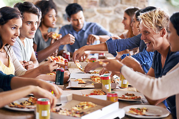 Image showing Group, friends and party with pizza, celebration and diversity for joy or fun with youth. Men, women and fast food with drink, social gathering and snack for lunch or eating at italian pizzeria