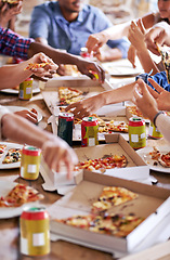 Image showing Group, friends and party with pizza, beverage and diversity for joy or fun with youth. People, soda and fast food with drink, social gathering and snack for lunch or eating at italian pizzeria