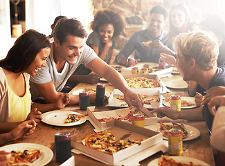 Image showing Group, friends and party with fast food, celebration and diversity for joy or fun with youth. Men, Women and pizza with drink, social gathering and snack for lunch or eating at italian pizzeria