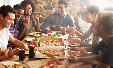 Image showing Group, friends and lunch with pizza, celebration and diversity for joy or fun with youth. Men, women and fast food with drink, social gathering and snack for party or eating at italian pizzeria