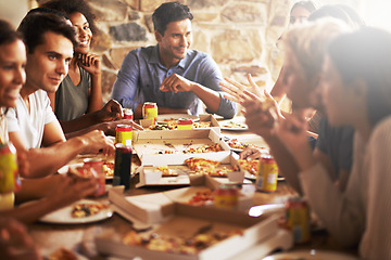 Image showing Group, friends and party with pizza, discussion and diversity for joy or fun with youth. Men, Women and fast food with drink, social gathering and snack for lunch or eating at italian pizzeria