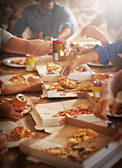 Image showing Group, friends and hands with pizza, celebration and diversity for joy or fun with youth. People, soda and fast food with drink, social gathering and snack for lunch or eating at italian pizzeria