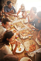 Image showing Group, friends and party with snack, pizza and diversity for joy or fun with youth. Men, Women and fast food with drink, social gathering and celebration for lunch or high angle at italian pizzeria