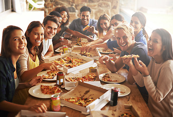 Image showing Group, friends and party with fast food, celebration and diversity for joy or fun with youth. Men, Women and pizza with drink, social gathering and snack for lunch or eating at italian pizzeria