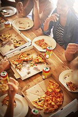 Image showing Group, friends and party with pizza, gathering and diversity for joy or fun with youth. Men, Women and fast food with drink, social celebration and snack for lunch or eating with high angle of table