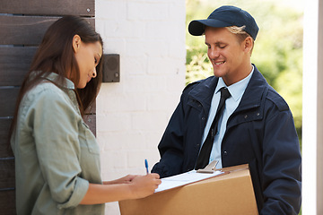 Image showing Package, woman and courier with delivery, signature and parcel with compliance and customer. Home, front door and client with employee or industry with box and service with clipboard and distribution