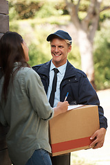 Image showing Delivery, man and signature with package in box at home with clipboard at door for courier, happy and satisfied. People, shipment and woman with smile for parcel with order for house furniture