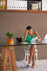 Image showing Stress, business or woman with headache, documents or payroll accident in office for finance, savings or budget review. Financial, disaster or female accountant with paper mistake, crisis or vertigo