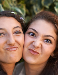 Image showing Girl friends, happy and selfie outdoor with silly, pout and students with a smile in a park. Garden, youth and funny face with grass, campus and fun together with bonding in nature with teen people