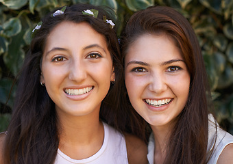 Image showing Girl friends, happy and smile portrait outdoor with laugh, leaves and students on break in a park. Garden, youth and hug with grass, campus and fun together with bonding in nature with teen people