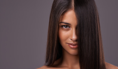 Image showing Woman, hair and portrait for salon, cut and style for heat and blow with keratin treatment and wash. Model with glossy and healthy for roots and tips with smooth and silk for volume or long on mockup
