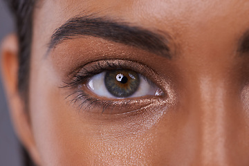 Image showing Woman, eyes and eyeshadow beauty as closeup for makeup for cosmetics skincare or dermatology, mascara or healthy. Female person, eyebrow and wellness microblading or self care, extension or treatment