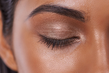 Image showing Woman, eyelid and eyeshadow makeup as closeup of beauty cosmetics or skincare dermatology, mascara or healthy. Female person, eyebrow and wellness glow or closed for self care, extension or treatment