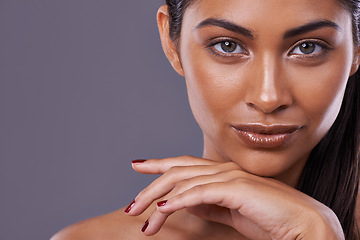 Image showing Portrait, beauty and woman with makeup, cosmetics and healthy skin on a grey studio background. Face, person and model with wellness and luxury with dermatology and shine with glow, happy or skincare