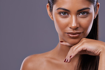 Image showing Portrait, beauty and woman with skincare, cosmetics and dermatology on a grey studio background. Face, person and model with wellness and healthy skin with makeup and shine with glow and mockup space