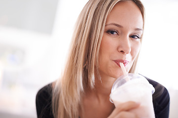 Image showing Woman, milkshake and portrait for relax with smoothie and nutrition with straw and strawberry flavor. Young person and smiling with beverage or drink for fruits, detox and dairy for joyful on mockup