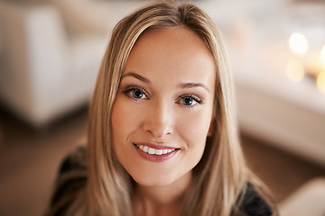 Image showing Woman, portrait and beauty with makeup in living room skincare, glowing skin and smile with confidence. Face or daily treatment or routine and female person happy with pride for cosmetics or wellness