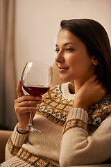 Image showing Woman, thinking and relax in home with wine for daydreaming, wellness and weekend break with happiness. Person, face and thoughtful in living room with alcohol for antioxidant or celebration in house