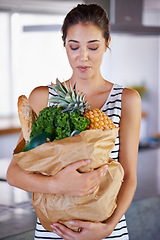 Image showing Home, delivery or woman with groceries or food, sale or discounts deal on nutrition in kitchen. Customer, offer or female person buying healthy vegetables for cooking organic fruits or diet choice