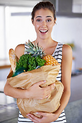 Image showing House, surprise or portrait of woman with groceries on promotion, sale or discounts deal on nutrition. Wow, delivery offer or shocked lady buying healthy food for cooking organic fruit or diet choice