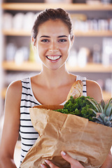 Image showing Home, happy or portrait of woman with groceries on promotion, sale or discounts deal on nutrition. Smile, delivery offer or female person and buying healthy food to cook organic fruits or diet choice