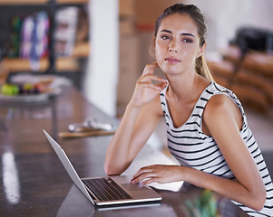 Image showing App, social media and thinking for woman in home with laptop on table for internet, idea and info. Blogger or content creator with tech for online, engagement and web for email and work in house