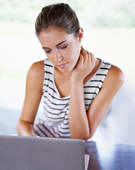 Image showing Reading, blog and woman in home with laptop for research and recipe for dinner. Online, chef and person scroll on computer and learning from internet about nutrition, diet and information on menu